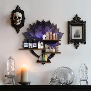 FNYDOX Wooden Wall-Mounted Shelves Featuring a Purple Lotus Design, Ideal for Displaying Crystals, Organizing Rock Gems, And Holding Essential Oils. A Perfect Spiritual Gift for Meditation Enthusiasts.