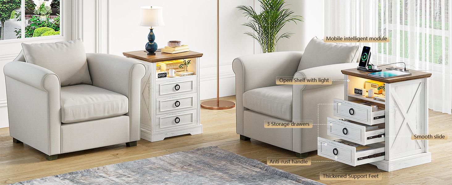 Lvifur Nightstand with Charging Station,Farmhouse End Side Table with 3 Drawers and Open Storage,Smart Bedside Table with LED Light & Human Sensor for Bedroom,