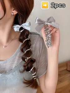 2-Pack Women's Silver Color Butterfly Knot Hairbands, Pearl Decorative Elastic Headbands, Non-Slip Hair Ties for Daily Use, Comfortable High-Elasticity