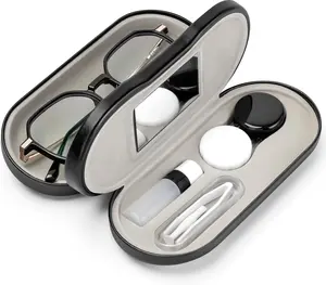 Double Eyeglass Case, Contact Lens Case with Mirror Tweezers Remover, 2 in 1 Double Sided Portable Contact Lens Box Holder Container Soak Storage Kit Sunglasses Pouch for Men & Women(Glasses Not Included)