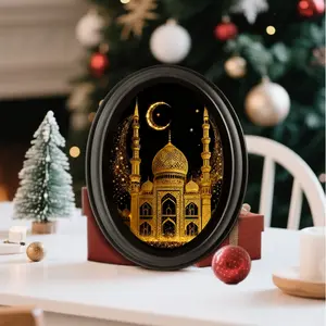 1 PC Ramadan Decoration Islamic Photo Frame, 5x7 Inch Oval Wooden Art with Eid Mubarak Print, Home & Office Desk Decor for Eid Gift