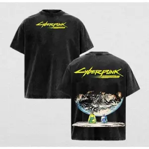 Moonlit Edgerunners Double Sided Anime Graphic T Shirt Vintage Washed Heavy Cotton Oversized Crewneck Unisex Streetwear Casual Daily Fashion Top Retro Sci Fi Manga Inspired Apparel Ideal Gift for Anime and Sci Fi Fans Everyday Loose Fit Menswear and Women