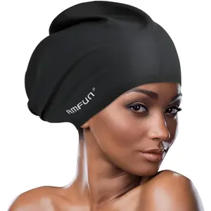 Swimming Cap for Long Hair, Extra Large Swimming Caps for Women & Men, Silicone Adult Swim Cap, Waterproof Swimming Hat for Dreadlocks, Weaves, Curls, Hair Extensions, Braids, Afros, Black
