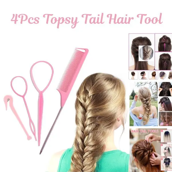 4Pcs Topsy Tail Hair Tool Set, Hair Looping & Braiding Tools with Rat Tail Comb, Ponytail Pull Through Tool, Hair Styling Accessories for Easy Braids, Ponytails & Updos