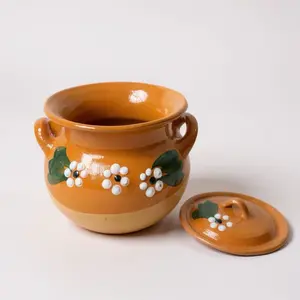 Food Safe Olla De barro Frijolera Decorada Con Tapa, Mexican Clay Bean Pot W/Lid,Cazuela Tradicional, Large Cookware Traditional Classic, (1-1.25 Gallon) (Olla C/Flores) (Made In Mexico)