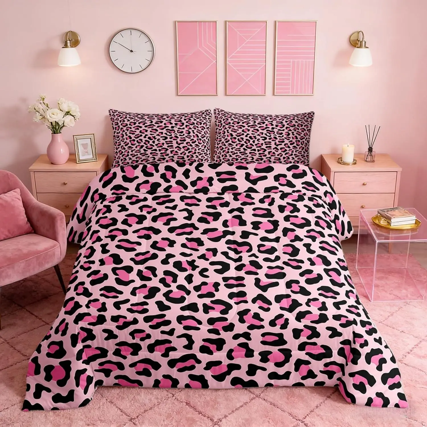 Feelyou Animal Print Duvet Set - Pink Leopard & African Cheetah Design, Soft Breathable Bedding, Queen Bed Comforter Set, Multi-Size Travel-Ready Teens' Bedroom Linens, Bedding Sets, Quilt Bedding Set
