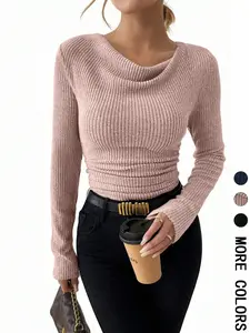 Women's Plain Draped Cowl Neck Ribbed Tee, Elegant Long Sleeve T-shirt for Spring & Fall, Women's Clothing for Daily Wear