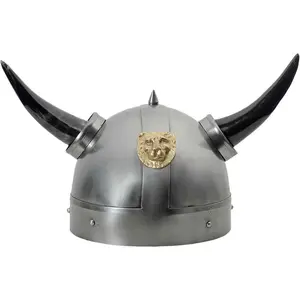 Medieval Warrior Lion Horned Viking Helmet Real Horns Full Size Helmet for Authentic Historical Reenactments Includes Display Stand