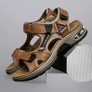Men's Premium Leather Open-Toe Beach Sandals - Casual Summer Sports Thick Bottom with Air Cushion, Adjustable Velcro Buckle, Breathable Mesh Liner, Suitable for Outdoor Activities, Outdoor Sandals Durable sepatu murah nat Mother gift