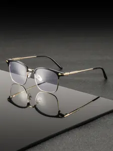 Men's Metal Browline Half Frame Glasses, High-Quality Fashion Flat Mirror, Elegant Narrow Design, Vintage Style, Versatile Accessory, Semi Frame Eyeglasses