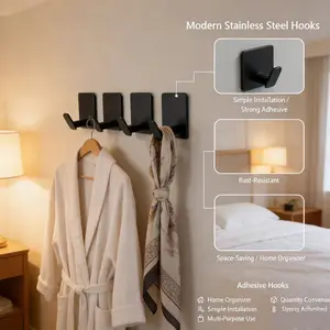 Wall-Mounted Towel Hooks, 4 Modern Stainless Steel Self-Adhesive Wall Hook Set, Dorm Bathroom Kitchen Home Organizer, Self-Stick