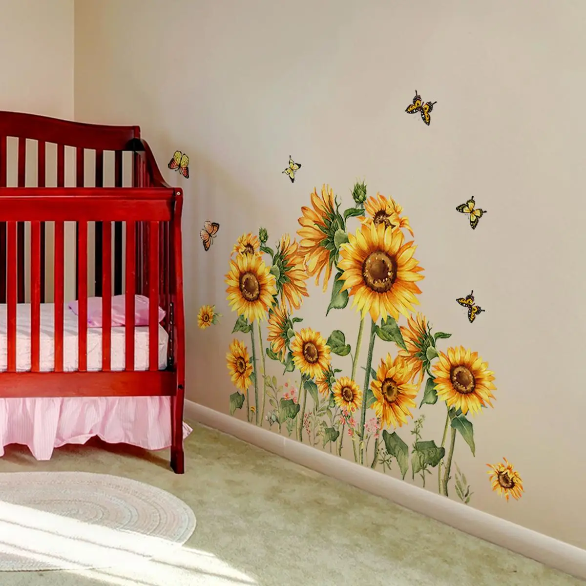 Sunflower & Butterfly Pattern Wall Sticker, 1 Count Self Adhesive Wall Decal, Decorative Sticker for Home Bedroom Living Room Decoration, Ornaments, Adhesive Stickers, Butterfly Wall Decals
