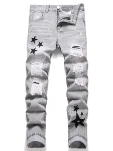 Men's Casual Straight Leg Star Embroidered Gray Jeans, Comfortable, Breathable, And Durable Denim Pants, Street Style Trouser Classic               stylish fashion hipster natural natural personalized pocket slim fit Menswear Coats Traditional