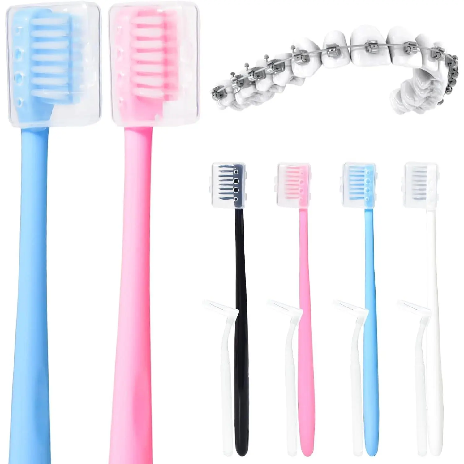 V-Shaped Orthodontic Soft Bristle Toothbrushes for Braces - 4-Pack Bulk Toothbrushes Oral Care Kit with Interdental Brushes, Oral Care Supplies