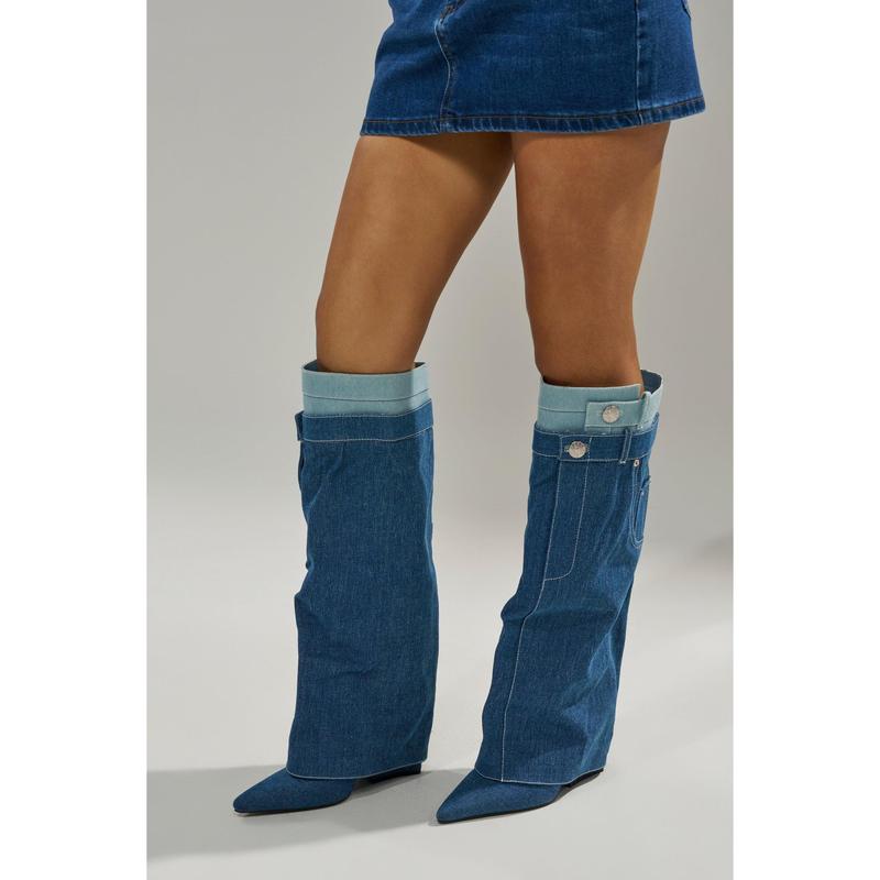 AZALEA WANG DOUBLE FLY DENIM CHUNKY BOOT