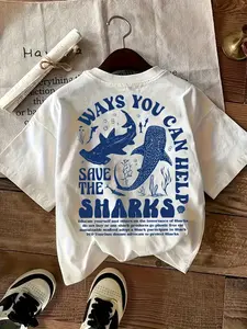 American Vintage Ocean Protection Short Sleeve, Shark Saving Print, Hand Drawn Marine Life, Blue, Loose Fit, Unisex Casual Top
