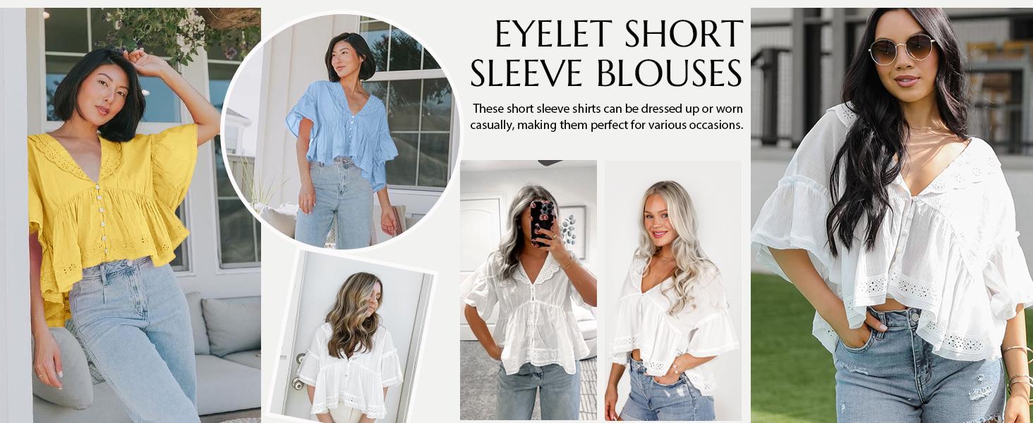 Cicy Bell Womens Cropped Babydoll Tops Summer Eyelet V Neck Short Sleeve Cute Blouses Ruffle Shirts