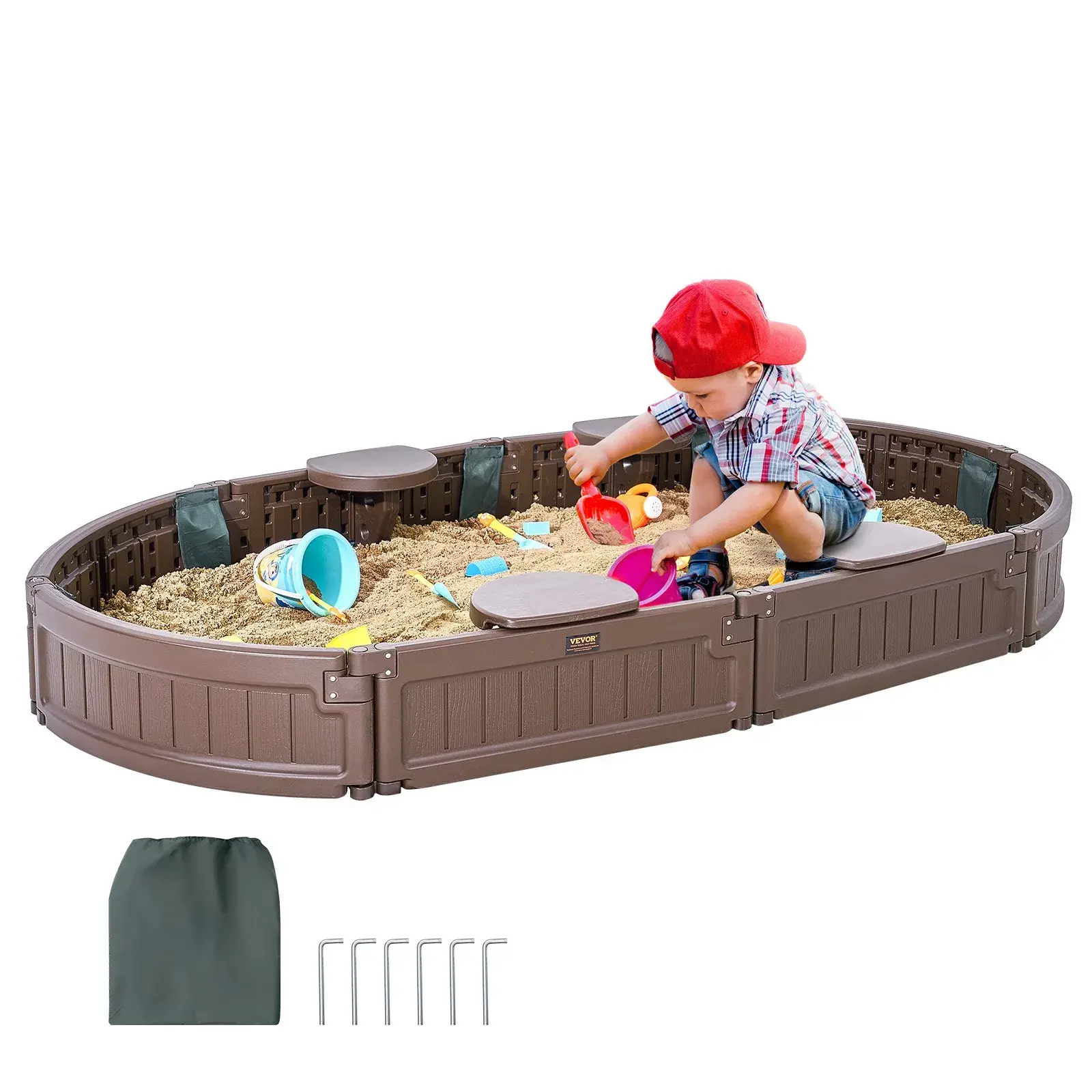 【Summerfinds】VEVOR Oval Shape HDPE Plastic Sandbox with Cover, 72x41.5x9.1in Sand Pit with 4 Corner Seats & Bottom Liner, All Seasons Kids Play Area for Outdoor Backyard, Sports Gift for Ages 3-12, Brown, Durable Materials