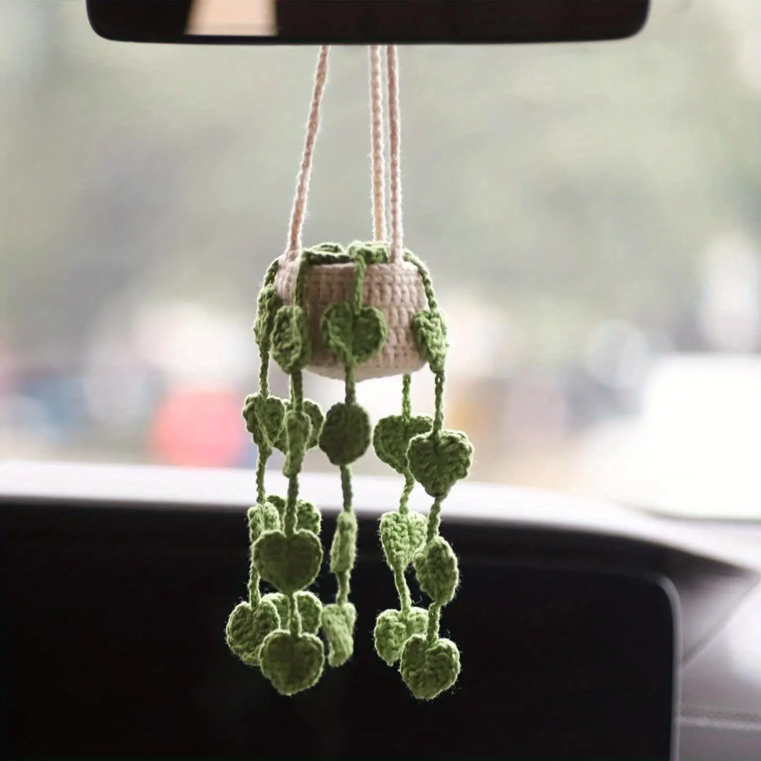 Crochet Boho Hanging Basket, Hanging Basket Ornament Aromatherapy Diffuser for Auto Rear View Mirror Decoration, Crochet Potted Plant Design Car Hangi