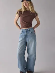 BDG Logan Buckle Baggy Barrel Jeans - Rigid Cotton Denim, Slouchy Mid-Rise, Adjustable Buckle, 5-Pocket, Distressed Hem, Full Length, Womenswear Bottom