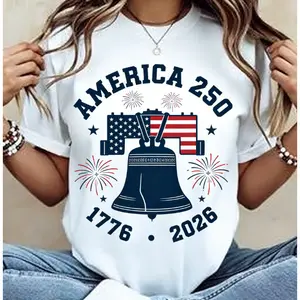 America 250 1776-2026 Liberty Bell USA Flag Firework Graphic Oversized T-Shirt, 4th of July Patriotic Comfort Cotton Outfit, Cute Fashion Star Print Tee, Best Gift for Lover Family Friends Independence Day