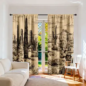 Vintage Hand-Drawn Western Desert Cactus Curtains, Window Curtain, Light Casual Style, High Sun Blocking Fabric, Durable Home Decor, Home Decoration Curtain, 2pcs Set