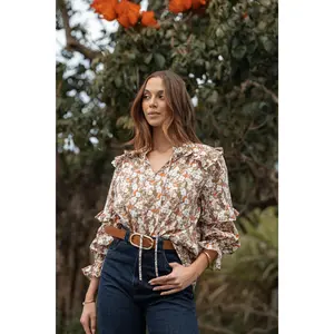 Selmah Long Sleeve Top - Cream Olive Orange