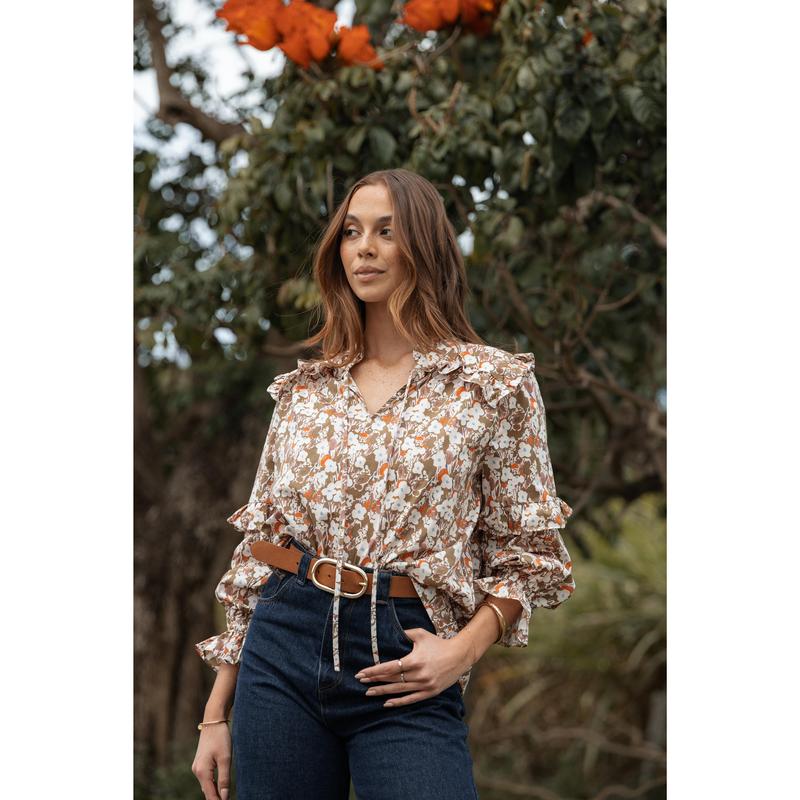 Selmah Long Sleeve Top - Cream Olive Orange