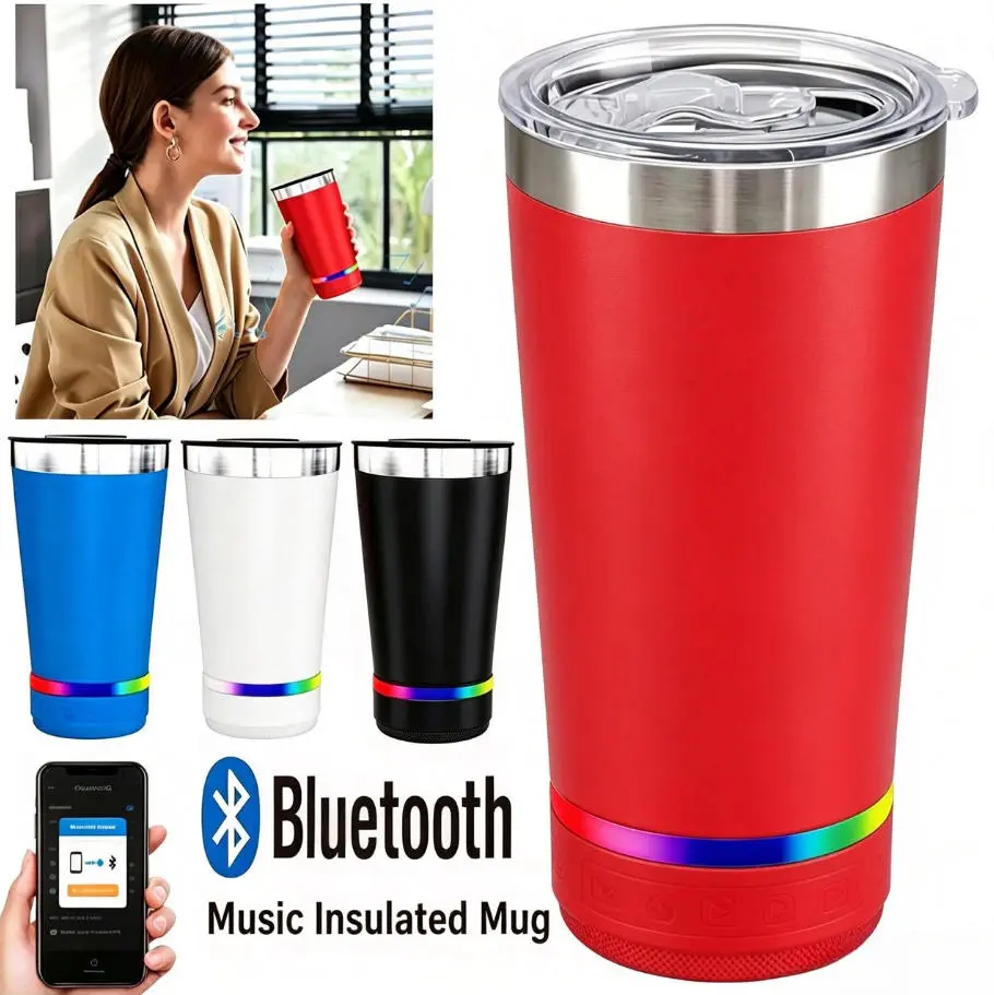20oz 2-in-1 Smart Insulated Stainless Steel Tumbler with Bluetooth Speaker, RGB Ambient Light, Portable Lightweight Travel Coffee Mug for Outdoor Party, Perfect Gift for Men Women
