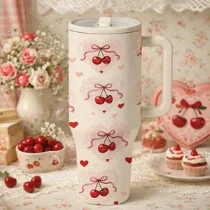 1 Pc 40oz Double Layer Insulated Mug, Tumbler, Vintage Cherry Bow Pattern Thermal Mug, Double Wall Vacuum Mug with Straw Lid and Handle, Keeps Hot 12 Hours, Cold 24 Hours, Large Capacity Car Cup for Hot Cold Drinks, Gift for Women Holiday Daily Use