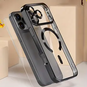 Luxury Plated Clear Magnetic Wireless Charging Soft Case for iPhone 17 16 15 14 13 12 11 Pro Max Plus Air, Camera Lens Protection, Shockproof Armor Transparent Protective Cover