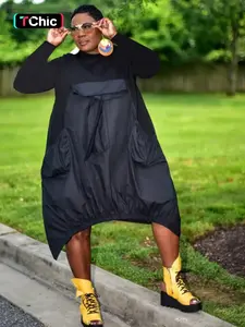 Women's Plain Pocket Tie Front Asymmetrical Hem Dress, Casual Long Sleeve Round Neck Midi Dress for Spring & Fall, Casual Dresses, Women's Clothing for Daily Wear, Lady, Womenswear