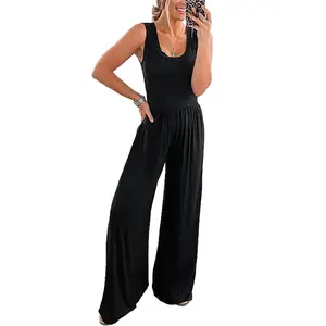 PrettyGarden Women’s Summer Sleeveless Tank Jumpsuits High Waist Low Cut Casual Scoop Neck Fit And Flare Long Pants Rompers