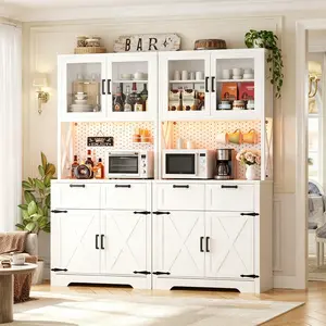 71" Tall Kitchen Pantry Storage Cabinet with LED Light & Outlet, Pantry Cabinet with Microwave Stand, DIY Pegboard, Drawers and Adjustable shelf, Farmhouse Kitchen Hutch for Dining Room, Black furniture