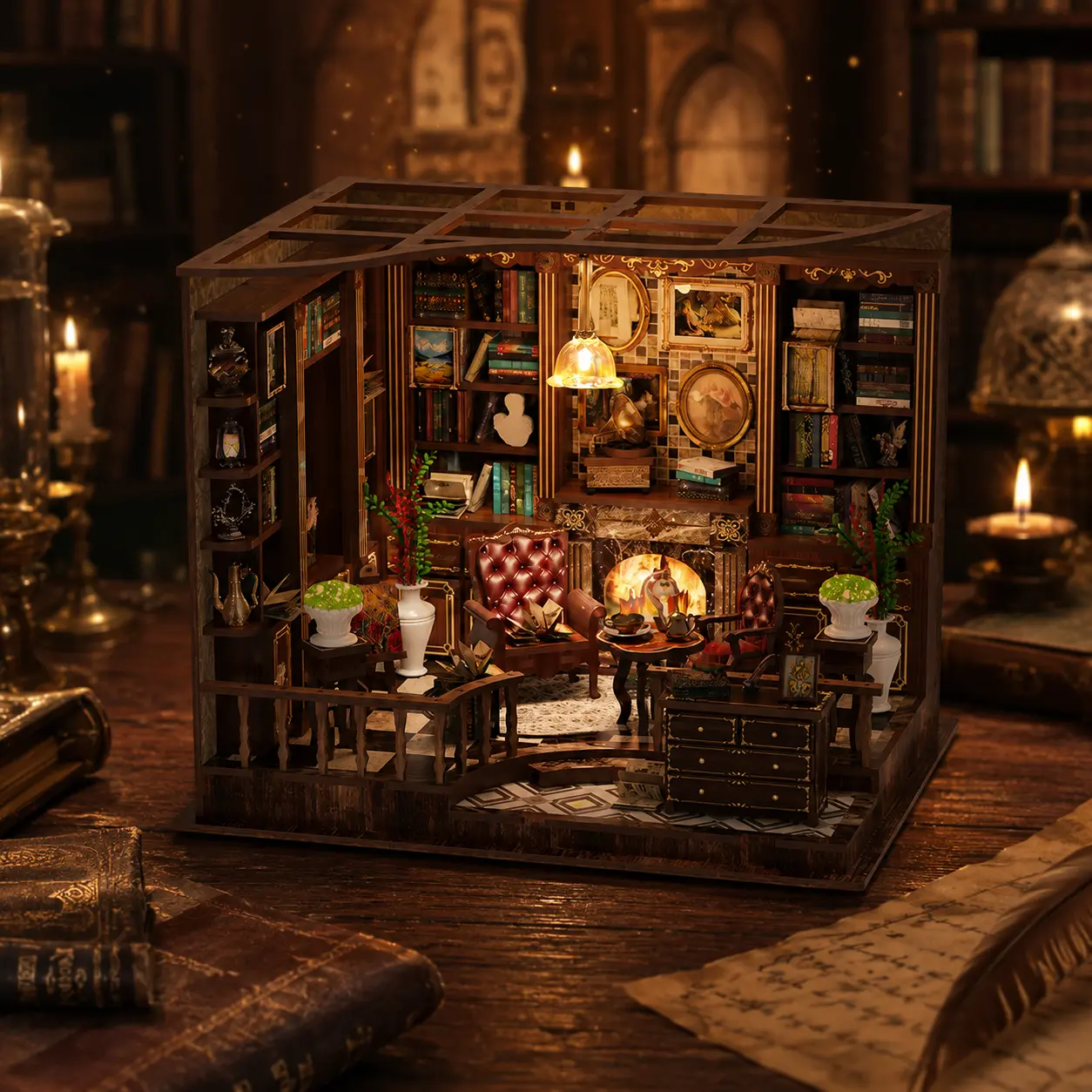 DIY Miniature Study Room Kit with LED Light, Magical Academy Style Vintage Library Dollhouse, Creative Handmade Gift for Teens and Adults