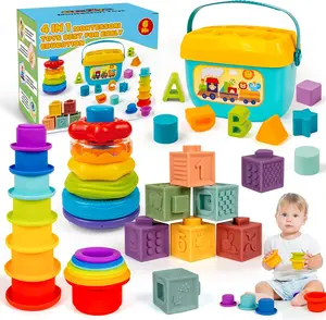 Baby Toys 6-12 Months, Montessori Toys for Toddlers 1-3 Year Old, Busy Cube Teether Infants Bath 6 in 1 Stacking Blocks Rings, Suction Cup Spinner, Shape Bin Sensory (0035)