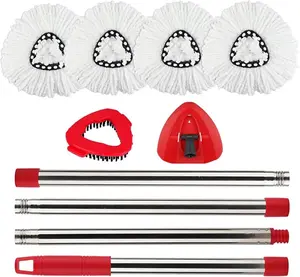 Spin Mop Head Refill for Vileda/Ocedar EasyWring Spin Mop - Rotating Microfiber Triangle Replacement Pads Washable & Reusable fit All Floor - 4 Cloth 1 Mop Base 1 Handle and 1 Brush