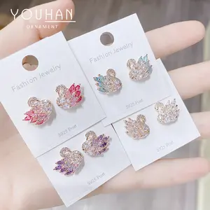 Fashionable trendy s925 silver needle earrings, forest-style swan zircon earrings for girls, gift stud