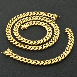 Wear Your Confidence – 14K Gold Cuban Link Necklace + Bracelet Set Rust-Proof & Fade-Resistant Hidden Clasp Curb Chains Kit 8/10/14mm Length 7.5–30”