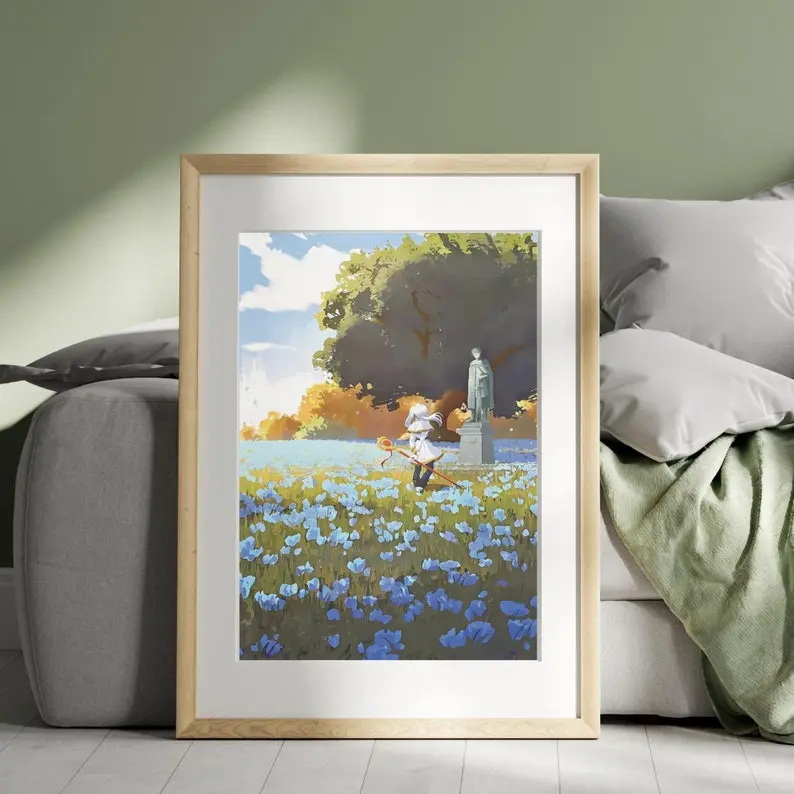 Memorial Field of Blue Frieren and Himmel Watercolor Anime Poster, Sousou no Frieren Wall Art Print, Emotional Fantasy Manga Home Decor