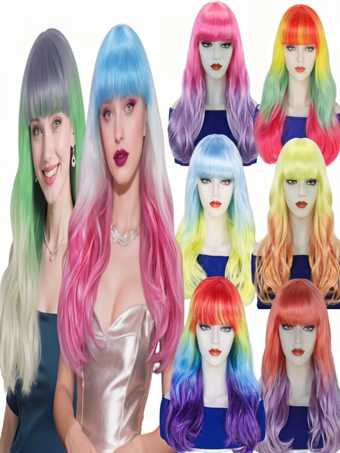 Gradient Rainbow Curly Hair Wig for Women, Bright Colors, Daily Use, Fun Anime Role-Playing Costume, Halloween Party Costume, Wavy Synthetic Hairpiece