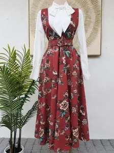 Elegant Floral Print Dress - Burgundy