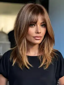 Short Ombre Wig with Bangs, Layered Straight Bob Synthetic Wigs for Women, Mixed Blond Wig with Dark Roots, Natural Looking Daily Party Wig, Synthetic Material Wigs