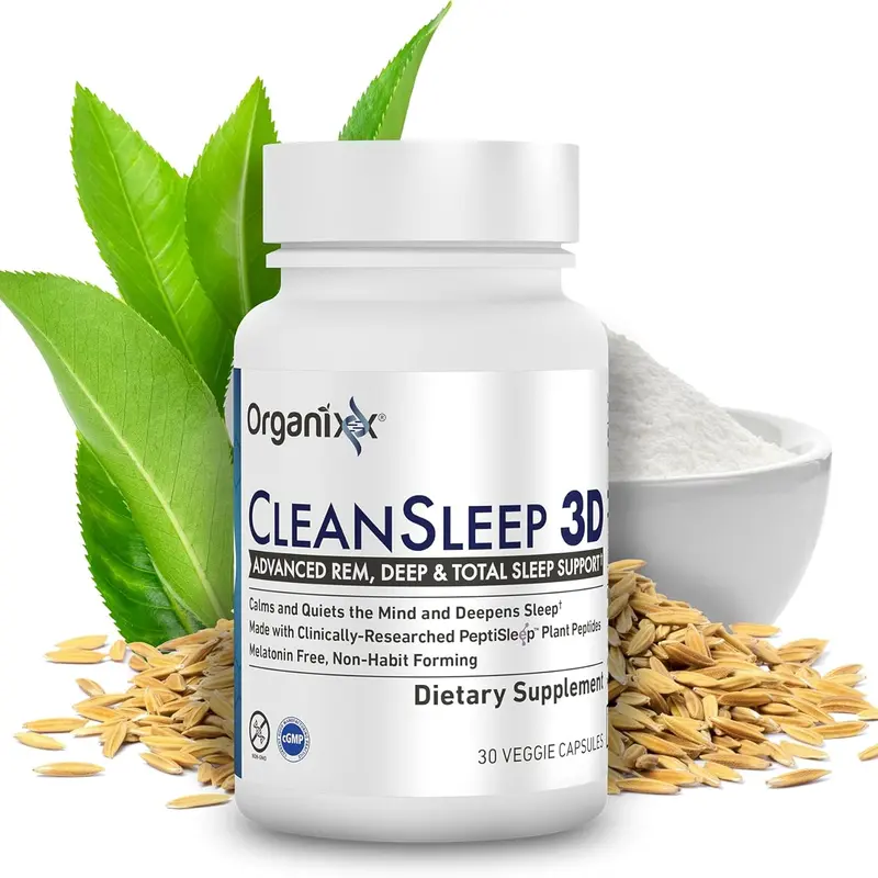 Organixx Clean Sleep 3D - Melatonin-Free Relaxation Complex, Sleep Formula, Anxiety & Anti-Stress Support Supplements, L-Theanine, GABA, Peptides, Vegan, Dairy-Soy-Gluten-Free, Non-GMO, 30 Capsules Self Care Product