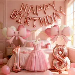 29pcs Birthday Balloon Kit, Rose Gold Number 1-8 Foil Balloons, Heart Bow Balloons, Happy Birthday Banner, Adult 18th Party Decorations, Balloon Set
