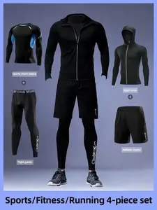 Men's Casual Sports Set, Breathable Compression Long Sleeve Tee, Reflective Zipper Hoodie Jacket, Shorts & Leggings, Ideal for Running Gym Outdoor Activities, Workout Running Outfits, Athletic Tracksuit Set
