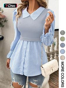 women's striped print button front blouse, elegant long sleeve collared top for spring & fall, ladies clothes for daily wear, womenswear