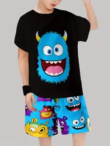 Boys' Dinosaur Print T-Shirt Set, Bottom Pattern Short Sleeve + Bright Blue Shorts, Casual Outdoor Wear, All Seasons, Youth Kits