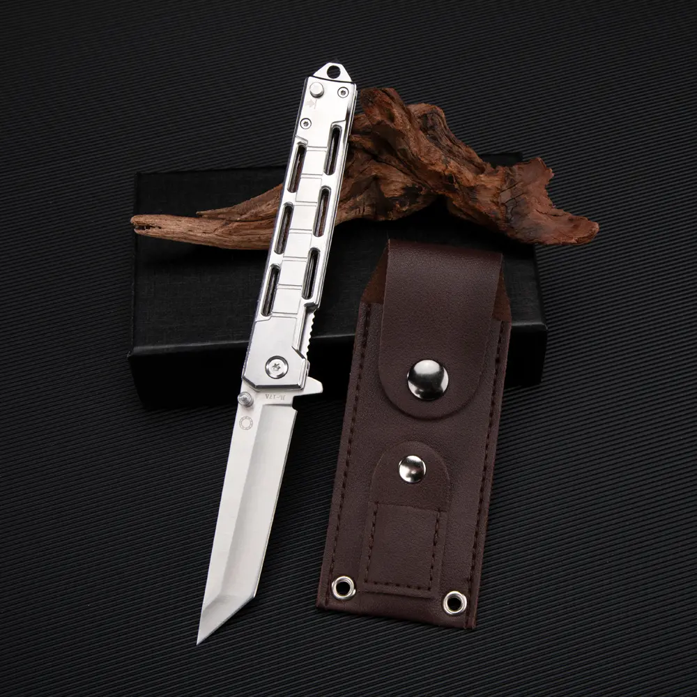 Folding Utility Knife, Unisex Hollow Out All Steel Lightweight Pocket Knife with Leather Sheath, Outdoor Gadget for Camping, Bushcrafting & Peeling, Outdoor Gadgets, Craft Cutting, All Ages