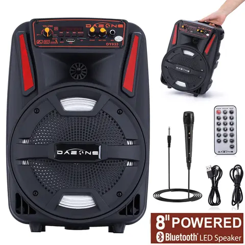 DAZONE Portable Bluetooth Speaker - 8" Subwoofer Wireless Device with High Power Loud Bass, Rechargeable Audio for Parties, FM Radio, Microphone, Remote Control, LED Lighting, Wireless Speakers, High Power Speaker